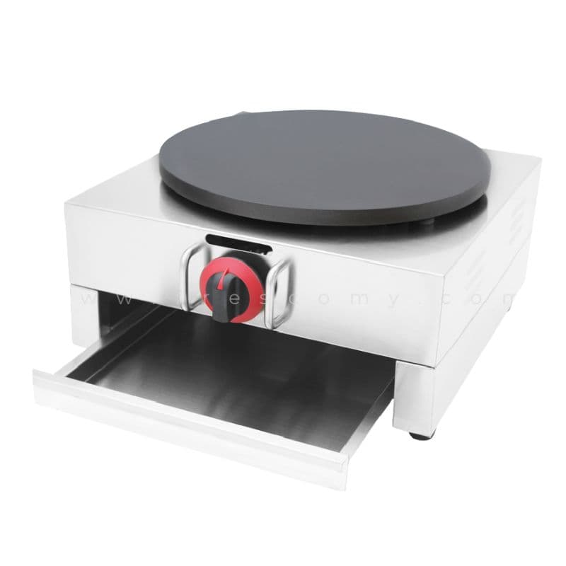 The Crepe Machine Gas Stainless Steel FR-42 features a black non-stick cooking surface, a red control knob, and an open pull-out drawer at the base for added convenience in crepe-making.