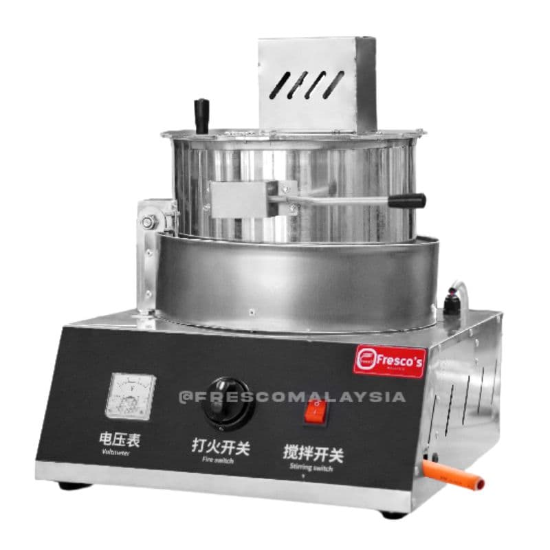The Pop Corn Machine Gas Commercial (Small) GZHX0020 features a stainless steel build and bilingual Chinese-English control switches and dials, branded âFrescoâs.â.