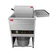 Electric deep fryer with digital controls, a perforated basket, and a removable drip tray underneath.