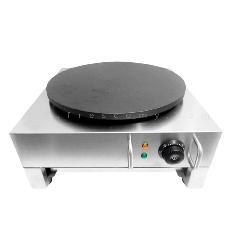 The Crepe Machine Electric Stainless Steel FNP-593 features a round non-stick surface, control knob, and indicator lights on a sleek stainless steel base.