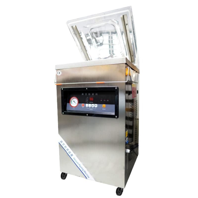 The Vacuum Sealer Packing Machine DZ400 FD2Q features a transparent lid, easy-to-use control panel, and mobile wheels, all shown isolated on a white background.