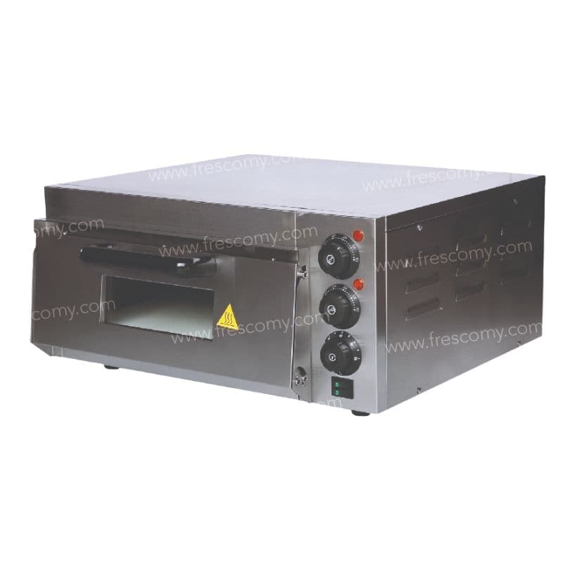 The Oven Commercial Pizza Stone Base FEP1ST is a silver tabletop pizza oven with a stone base, three control knobs, and a front-loading design. The brand's watermark decorates the image, showcasing its sleek commercial appeal.