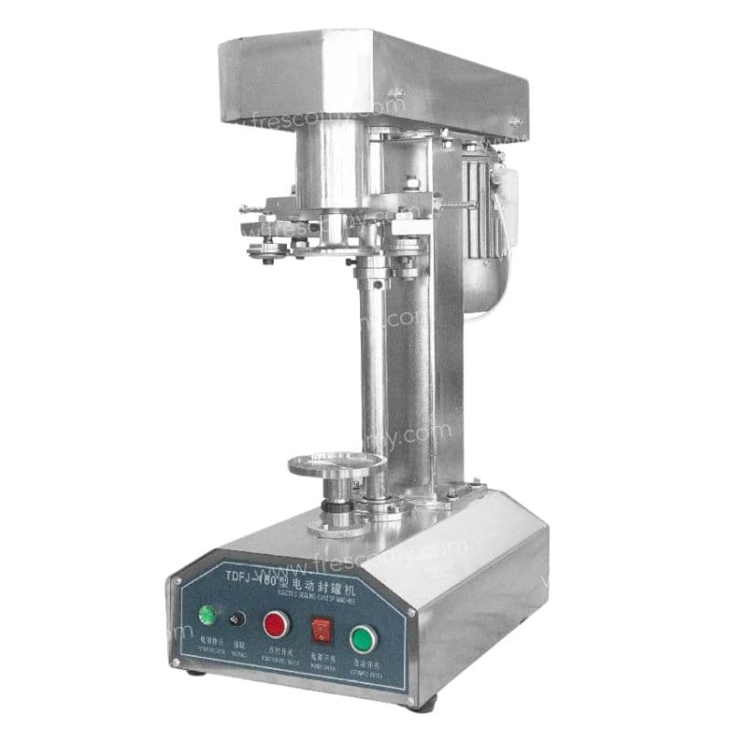 The Pop Corn Can Bottle Sealing Machine Stainless Steel FET-AP5556 features a control panel, buttons, and a cylindrical sealing mechanism on topâperfect for secure and efficient popcorn can closures.