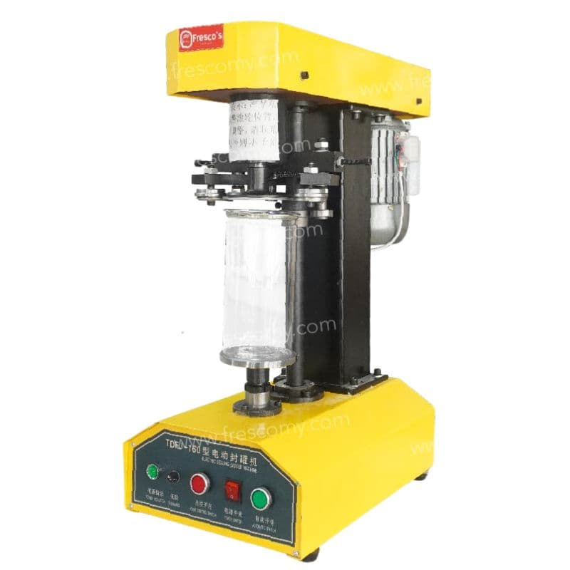 The Pop Corn Can Bottle Sealing Machine Yellow FET-AP557 features a control panel, transparent container holder, and labeled buttons, making it ideal for sealing bottles, cans, or popcorn cans.
