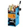 The Semi Auto Cup Sealing Machine FET-B7 is a sleek blue device featuring vibrant orange accents, a convenient side handle, and a roll of printed film on top.