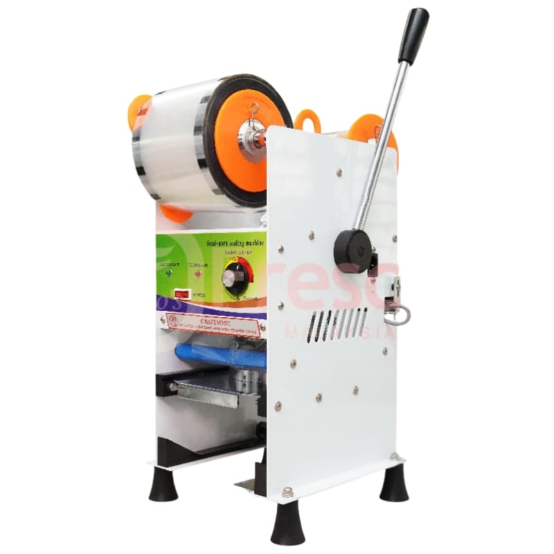 The Semi Auto Cup Sealing Machine FET-B7 has a lever handle, top-mounted sealing film roll, and a durable metal body with four black feet.