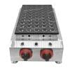 The Dorayaki Mini 50 Holes Machine Gas FNP-548 features a stainless steel base, cast iron cooking plate with 50 round molds, and two red-edged front control knobs for easy operation.