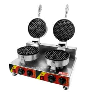 The Waffle Double Machine Electric FNP-600 features two round griddles, temperature control knobs, power switches, and sturdy handles on a solid metal base.