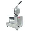 An electric burger patty press with a handle and round plate, mounted on a rectangular base—ideal for any kitchen, just like the Waffle Flower Water Tear Maker Electric FNP-689.