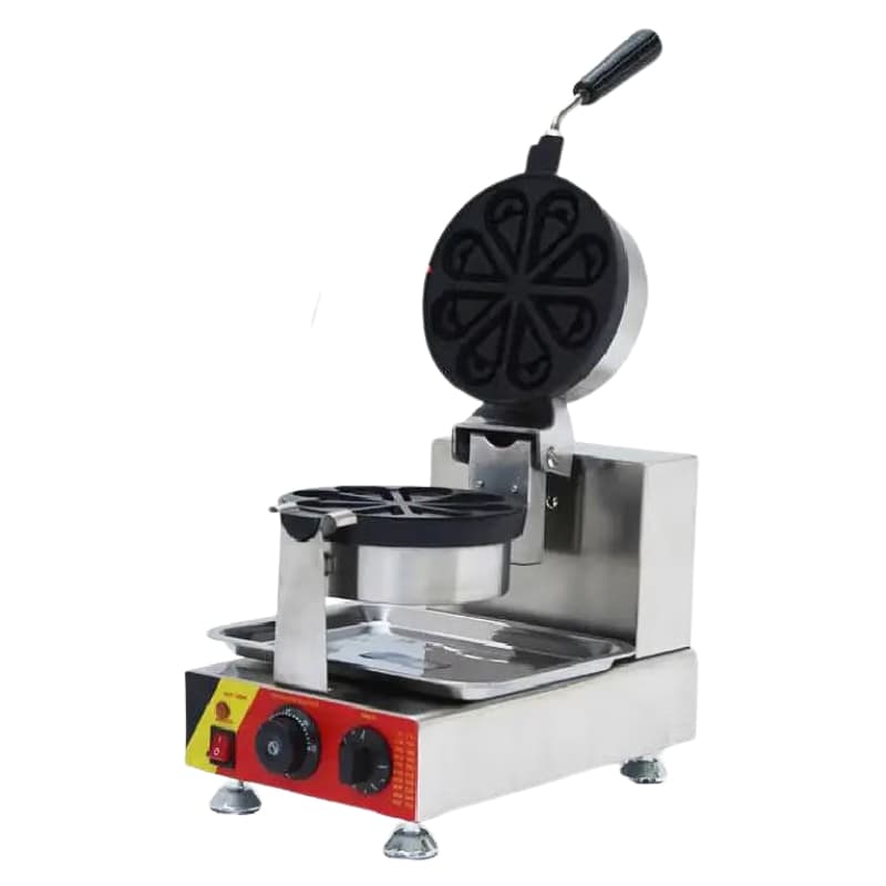 The Waffle Flower Water Tear Maker Electric FNP-689 is a stainless steel commercial waffle maker with a round, flower-patterned plate, front control knobs, and an open lid.