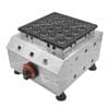 The Dorayaki Mini 25 Holes Machine Gas FNP-693 features a silver design with a black non-stick plate containing 16 circular molds, red and green control knob, and rests on four sturdy black feet.