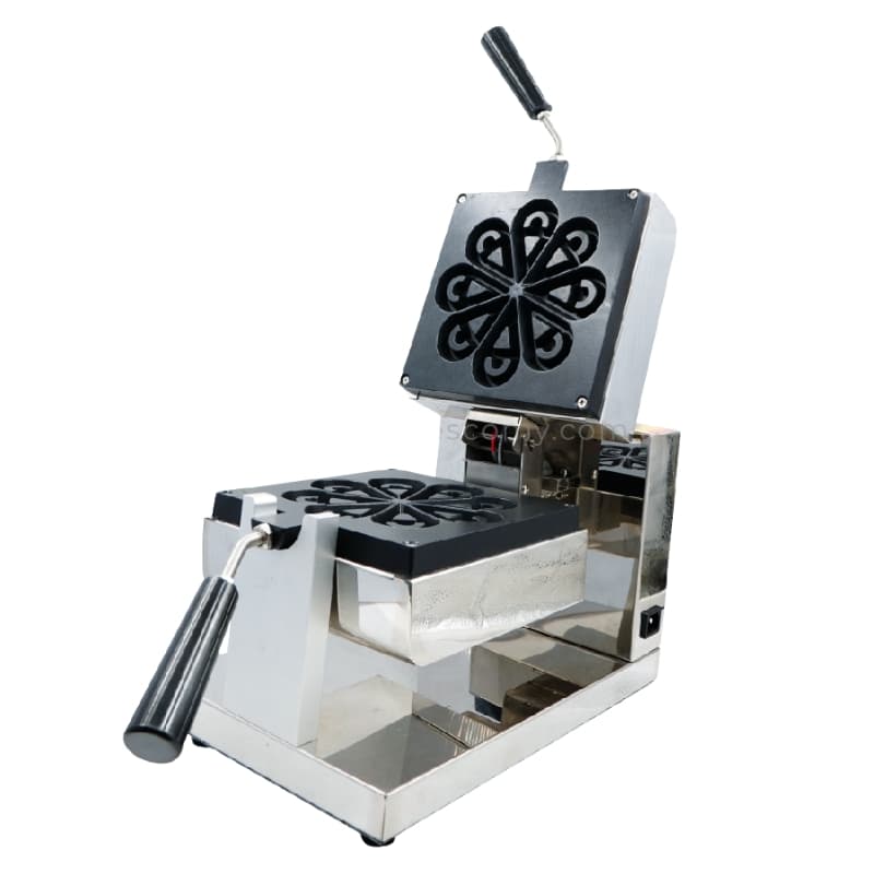 The Waffle Water Tear Electric Machine FNP-73 is a stainless steel commercial waffle maker with clover-shaped plates, shown open with two handles and visible cooking plates.