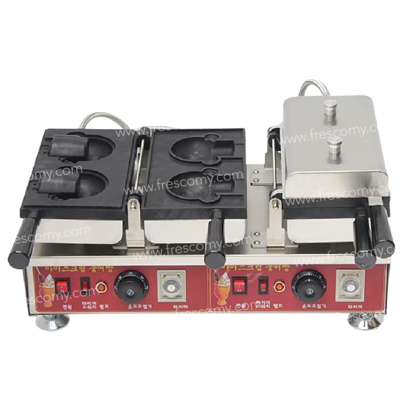 The Waffle Bear Ice Cream Machine Electric FNP-903 has two black cooking molds, control knobs, and a stainless steel exterior. Korean text and a website watermark appear on the machine.