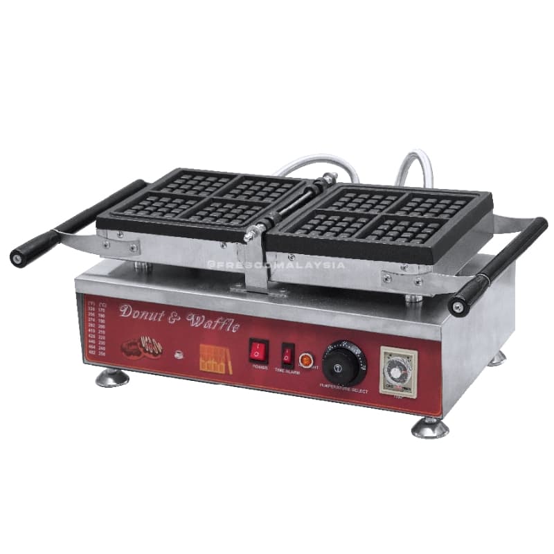 The Waffle 4 Square Maker NP456 FNP-908 features a stainless steel body, black non-stick plates, a control knob, power switch, and indicator lights on the front panel.
