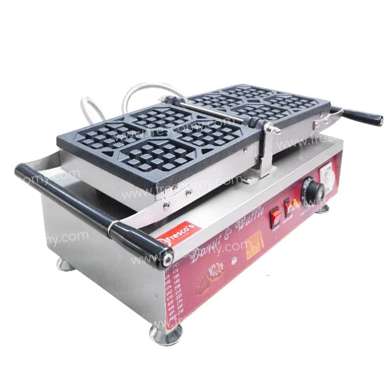 The Belgium Waffle Machine Electric FNP536 is a stainless steel commercial waffle maker with nonstick plates and a control knob, designed to make multiple waffles simultaneously.
