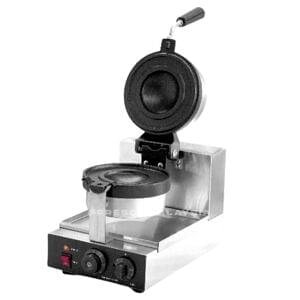 The Gelato Panini Press Ice Cream Burger Sandwich Machine FNP597 features a round, open baking plate, temperature controls, and a handle, shown on a white background.