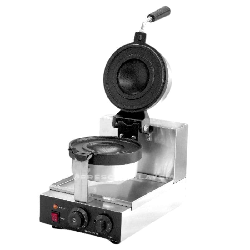 The Gelato Panini Press Ice Cream Burger Sandwich Machine FNP597 features a round, open baking plate, temperature controls, and a handle, shown on a white background.
