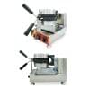 A Gelato Panini Press Ice Cream / Burger / Sandwich with black handles, featuring temperature control knobs and a sleek, compact design. Two views of the appliance are shown.