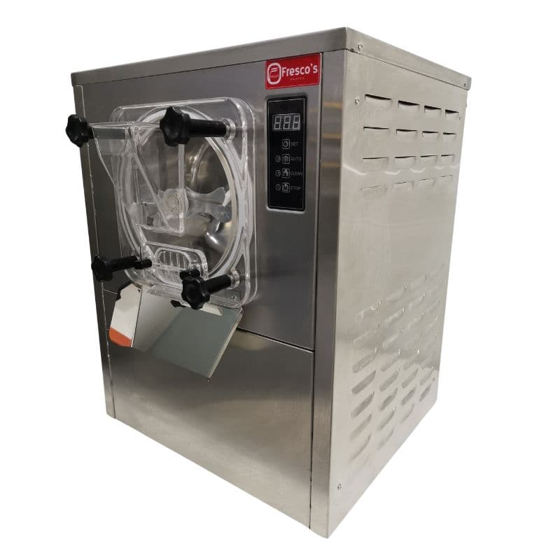 The Hard Ice Cream Machine 6L FR-18A is silver with a transparent lid and digital display, ideal for delicious frozen treats.