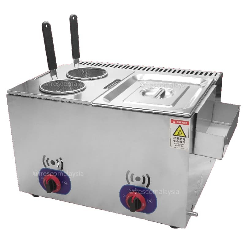 The Oden Noodle Boiler Gas Machine FR-2M-15 is a stainless steel commercial cooker with two baskets, control knobs, a covered section, front safety label, and delivers efficient noodle boiling for professional kitchens.