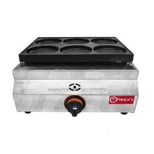 The Dorayaki 6 Holes Waffle Machine Gas FR-HB06.R features six circular molds and a temperature control dial with orange accents, showcasing the "Fresco's" brand, making it ideal for crafting delicious dorayaki or waffles.