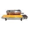 The Auto Sealing Machine Stainless Steel Premium FR770 features a stainless steel build with an orange conveyor belt and top-mounted control buttons and power switch, representing advanced auto sealing technology.