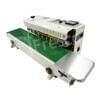 The Fresco Auto Sealing Machine FR900 is equipped with a green conveyor belt and features a conveniently placed control panel on top.
