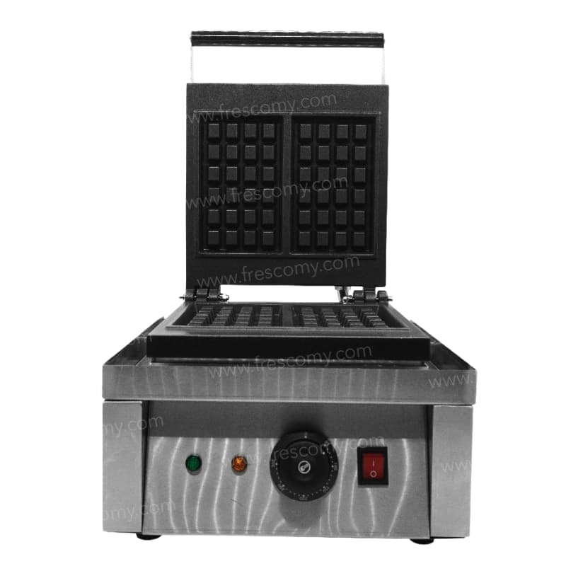 The Waffle Two Rectangle Machine Electric FNP-537 features a stainless steel body, open lid showing grid plates, and front control knobs with indicator lights.