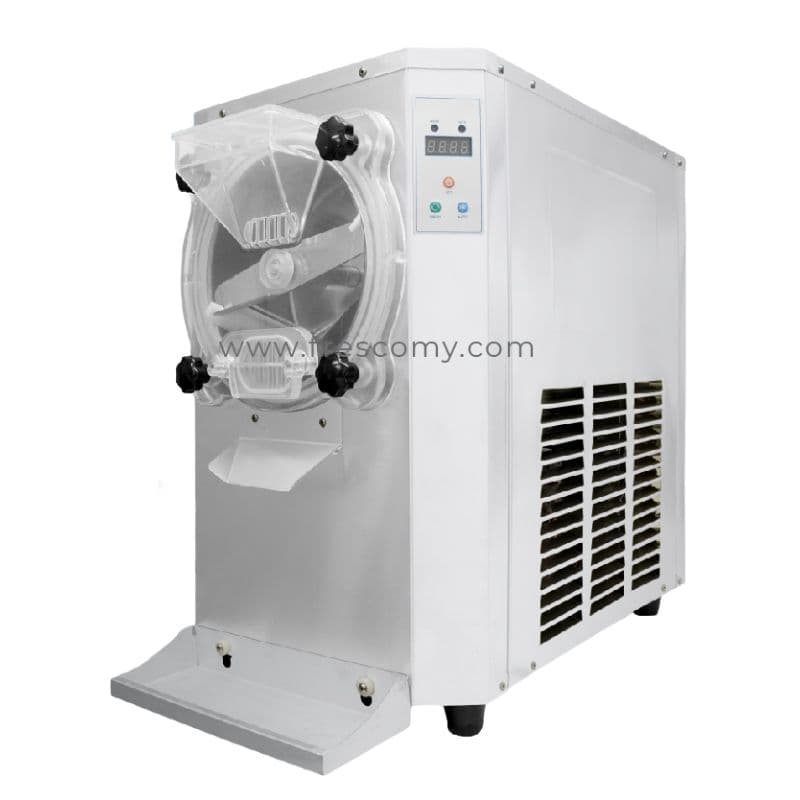 The Hard Ice Cream Machine 8L 2P FMK-10 includes a transparent window, control buttons, and a digital display on a sleek white design. With an 8L capacity and side ventilation panel, it ensures efficient operation for all your ice cream needs.
