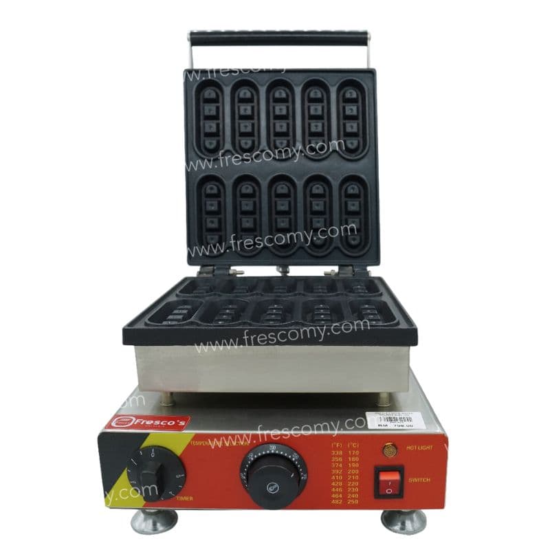 The Waffle Finger Maker Machine Electric FNP-513, shown with its lid open, features multiple rectangular molds and front control dials.