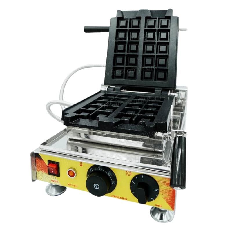 The Waffle Cube Chocolate Machine FNP-81 features two square grids with an open lid, perfect for making waffle cubes. It includes front control knobs and a power switch for easy operation.