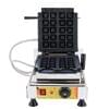 The Waffle Cube Chocolate Machine FNP-81 features a stainless steel body, black rectangular grid plate, temperature control dial, power switch, attached hoses, and an open top lid that reveals unique waffle slots.