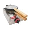 Egg Bubble Waffle Machine Gas featuring a stainless steel design with a wooden handle and a red temperature control knob.