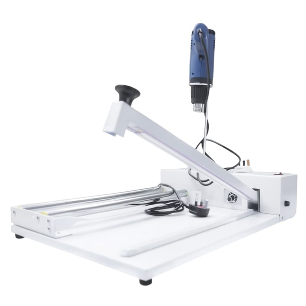 The Desk Top Shrink Wrapping Manual Heat Packaging Machine FSKA450, shown on a plain white background, features a white body, blue handle, flat base, control panel, and attached power cord.