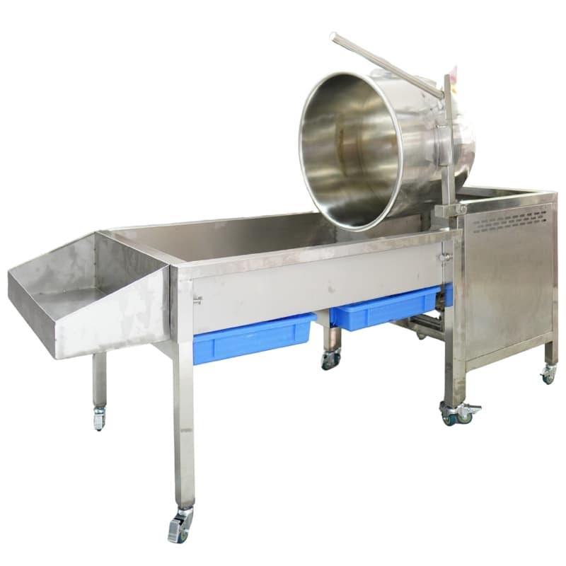 The HX-PM03 Popcorn Machine Gas Commercial 32oz Manual features a stainless steel rotating drum, worktable, and two blue storage bins on wheelsâperfect for high-volume 32oz popcorn production.