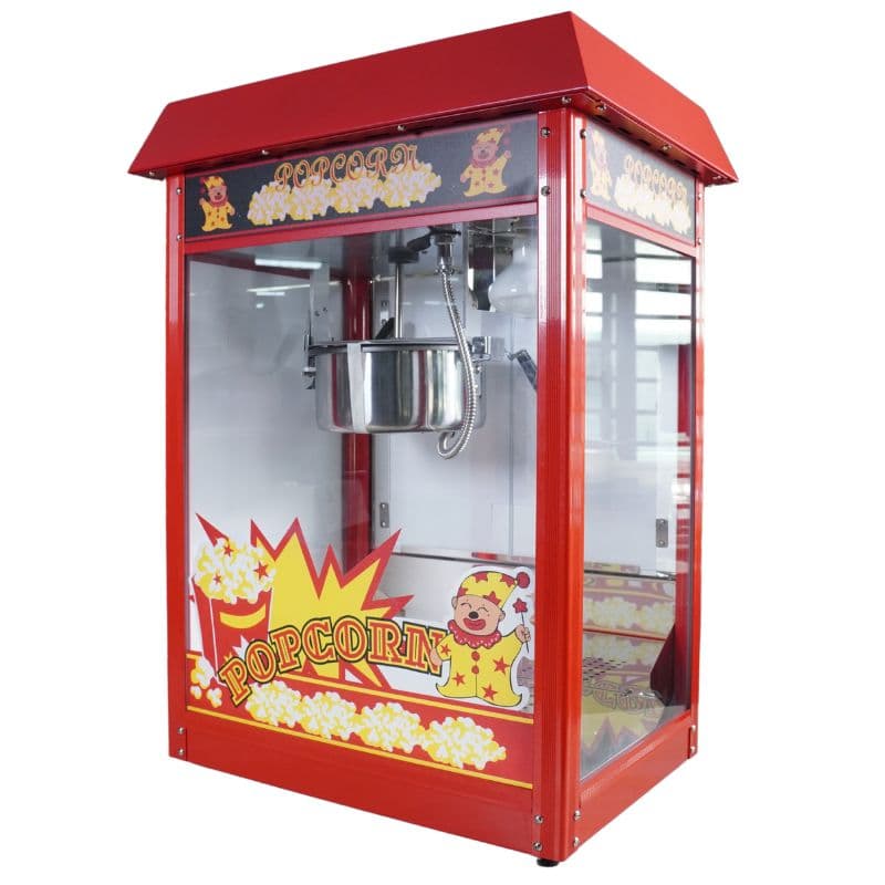 The Popcorn Machine Electric Commercial with Roof Top FET-POP6A features glass panels, a metal kettle, and popcorn-themed decorationsâideal for commercial use.