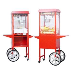 Two electric popcorn machines on wheels, inspired by classic trolleys. One has a closed compartment, the other open; both are adorned with popcorn graphics and large front wheels for easy movement. Product name: Popcorn Small Machine Electric with Wheel Trolley FET-POP6A-E.