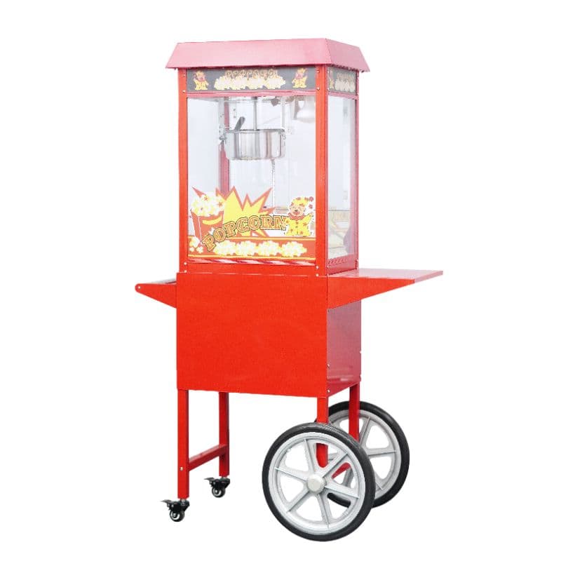 Electric Popcorn Small Machine FET-POP6A-E, featuring a wheel trolley, glass enclosure, and side shelf.