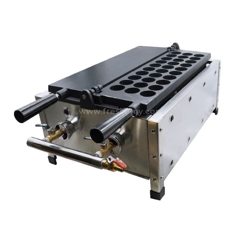 The Kaya Ball Machine Gas FKB-31 is a metal grill with multiple round molds, featuring two gas control knobs and side handles, perfect for takoyaki.
