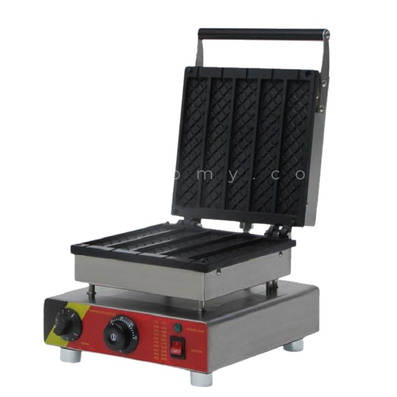 The Waffle Long Square Electric Machine FNP-515 is a commercial waffle maker with an open lid, rectangular plates, front control knobs, and a power switch.