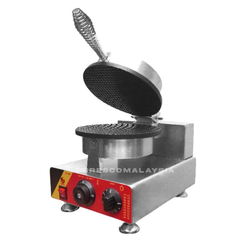 The Ice Cream Cone Single Waffle Machine Electric FNP-600 FR-1A features an open lid, control knobs, and a textured cooking surface, all in stainless steel, shown on a white background.