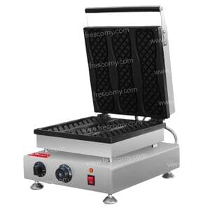 The Waffle Pizza Stick Electric Machine FNP-700 features a stainless steel base, open waffle plates, and front control knobs with a power switch—ideal for making classic waffles or creative treats like Waffle Pizza Sticks.