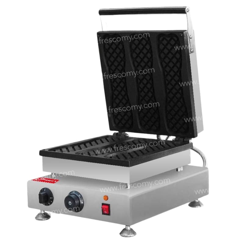 The Waffle Pizza Stick Electric Machine FNP-700 features a stainless steel base, open waffle plates, and front control knobs with a power switchâideal for making classic waffles or creative treats like Waffle Pizza Sticks.