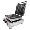 The Waffle Pizza Stick Electric Machine FNP-700 features a stainless steel body, three rectangular grid molds, a control knob, and an open top lid for making waffle pizza sticks.