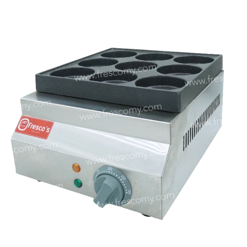 The Waffle Egg Burger Machine Electric FR-HB09 features a stainless steel build, dial control, indicator lights, and a non-stick plate with circular molds for baking delicious waffle egg burgers.