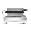 Side view of a sophisticated, silver FNP-482 Waffle / Croffle Square Maker Machine Deeper Size (Electric) with waffle grids, skillfully designed like an appliance, set against a plain white background.