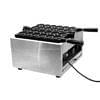 A Smiley Face Egg Waffle Electric Machine crafted from stainless steel, featuring dual handles and multiple cooking slots, is plugged in.