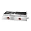 The Fresco Hotdog Grill Machine Gas features a stainless steel design with two red knobs, offering a grill grate on the left side and a teppanyaki flat cooking surface on the right.