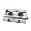 Fresco Hotdog Grill Machine Gas featuring a stainless steel dual burner and protective glass cover, complete with two red control knobs.