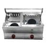 A Hotdog Grill Machine Gas with Deep Fryer, featuring a stainless steel double burner equipped with two control knobs and a protective grill cover, viewed from the front.